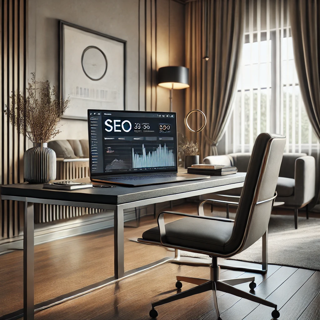 DALL·E 2025-02-18 17.23.06 - A photorealistic image of a stylish modern home office with a small desk. On the desk, there is a single laptop displaying an SEO analysis dashboard w