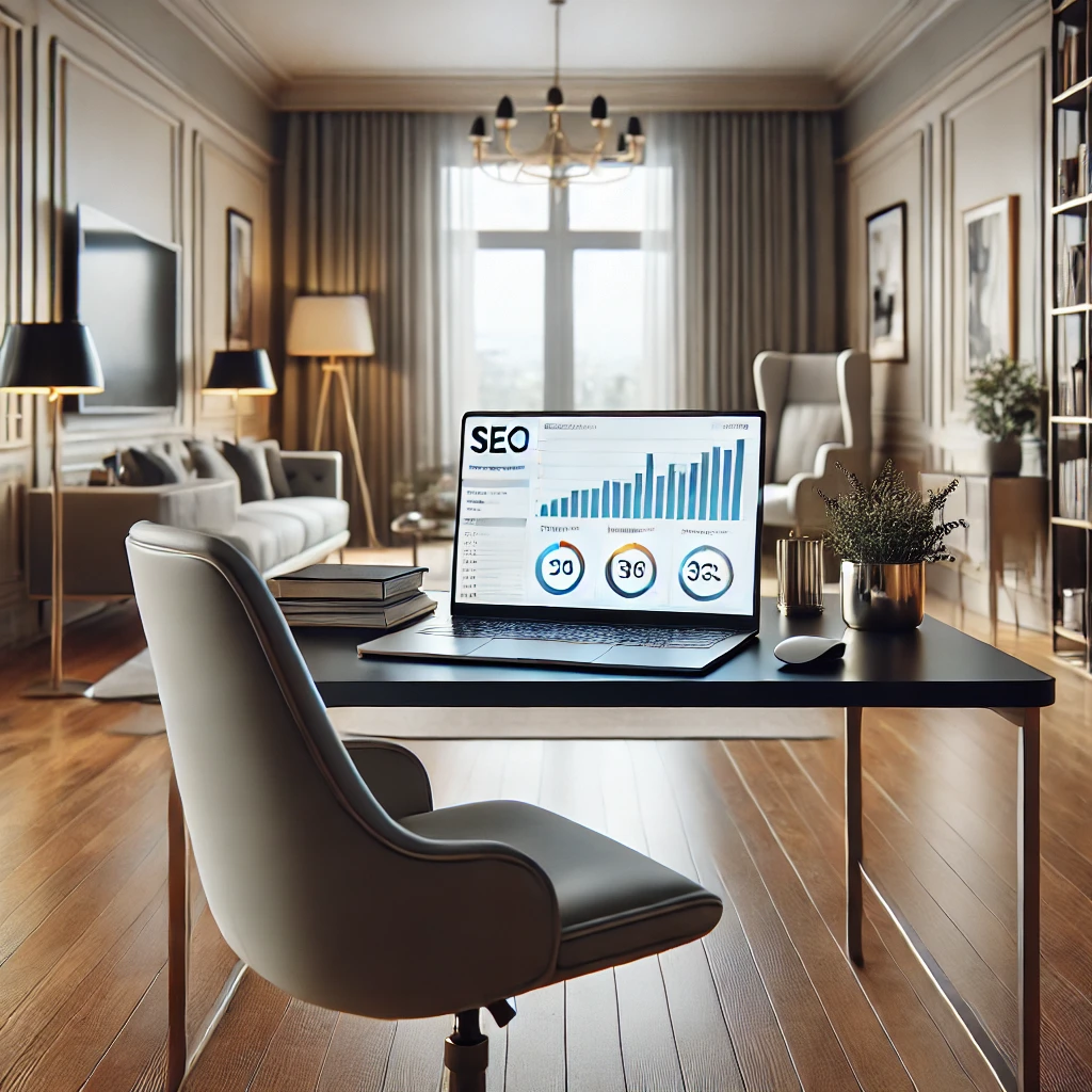 DALL·E 2025-02-18 17.23.08 - A photorealistic image of a stylish modern home office viewed from a different angle. The small desk holds a single laptop displaying an SEO analysis